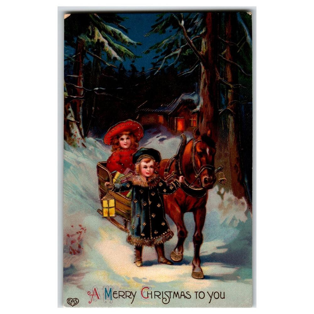 Vintage EAS Christmas Postcard Children Horse Sleigh Winter Forest Scene Gel